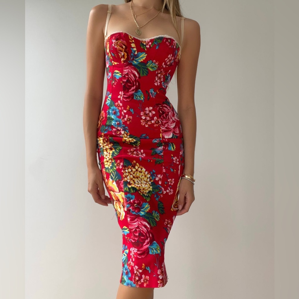 Dolce & Gabbana Vintage Cotton Red Floral Midi Dress